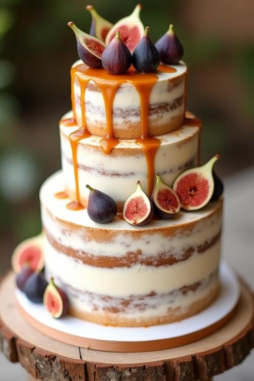 Torta nuziale semi-naked con fichi freschi e colate di caramello.