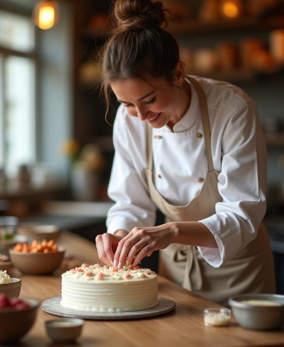 La nostra pasticcera decora finemente una torta con ingredienti freschi nel laboratorio di Firenze.