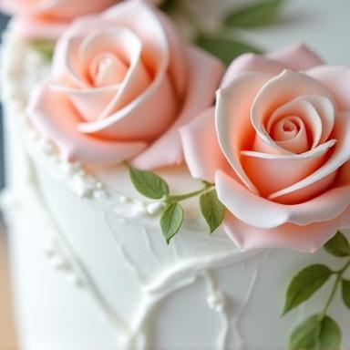 Dettaglio di una torta nuziale bianca con rose di zucchero.