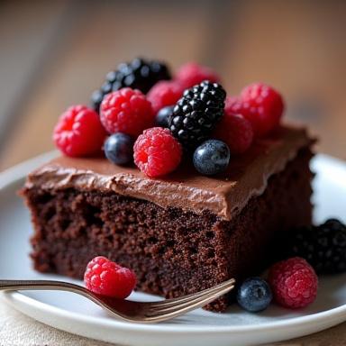 Una fetta di torta al cioccolato vegana con frutti di bosco.